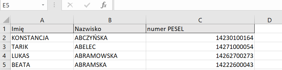 Okno z widokiem na tabele z prawidłowo przygotowanym zestawieniem danych do importu w arkuszu kalkulacyjnym np. excell