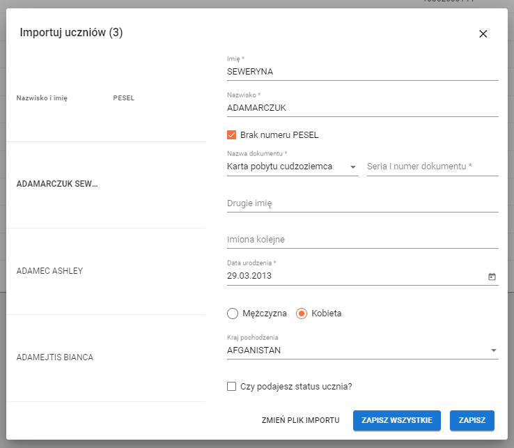 okno z widokiem na importuj ucznia bez nr PESEL