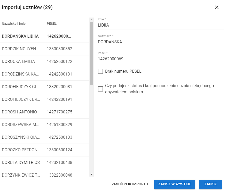 okno z widokiem na importuj uczniów