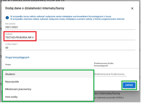 okno z formularzem dodaj dane o działalności internatu bursy