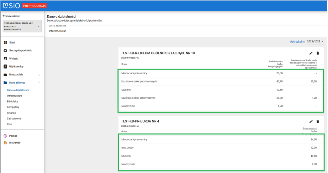 okno po wprowadzeniu danych o działalności internatu bursy