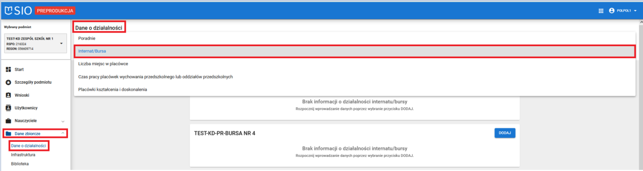 okno dane o działalności możliwość wyboru internat bursa