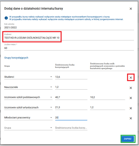 okno z formularzem dodaj dane o działalności internatu bursy