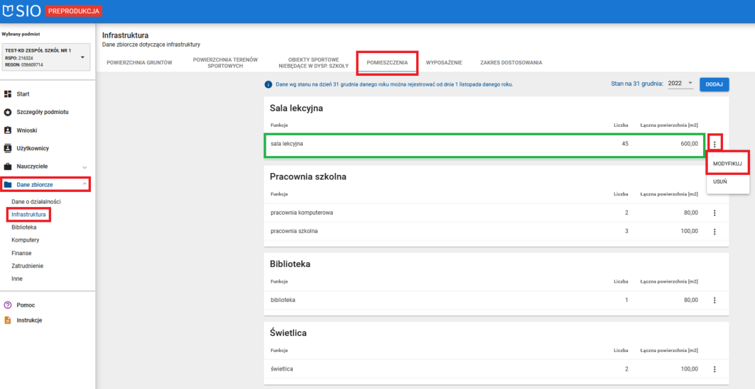 widok okna dane zbiorcze - infrastruktura - pomieszczenia z oznaczoną opcją dodaj