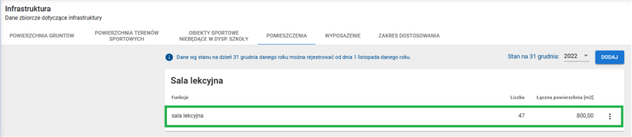 widok okna infrastruktura - pomieszczenia z zaznaczoną daną po modyfikacji