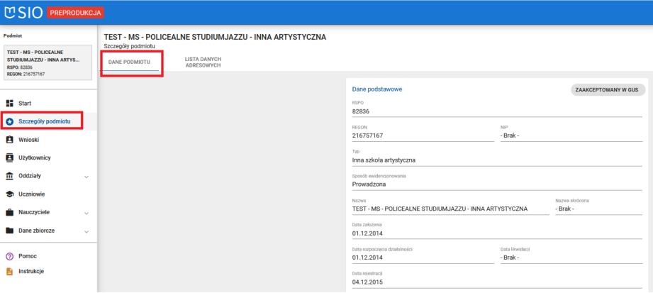 okno z widokiem na szczegóły podmiotu z oznaczoną w prawym górnym rogu funkcją modyfikuj zawody