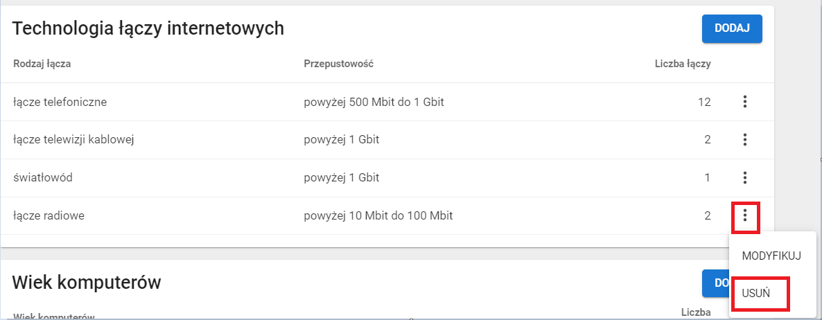 okno technologia łączy internetowych z zaznaczoną możliwością usunięcia wybranych danych