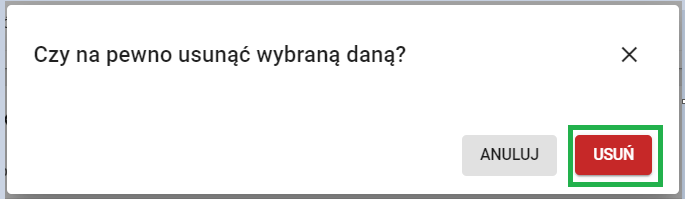 okno potwierdzenia usunięcia wybranych danych