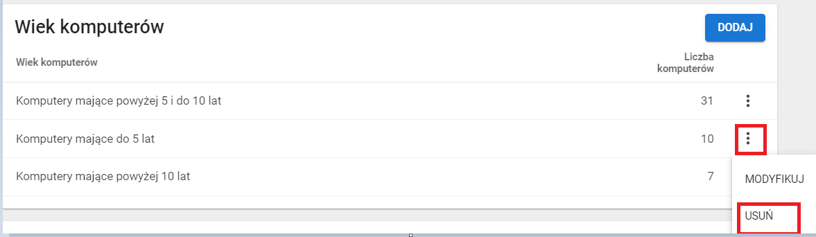 okno wiek komputerów z zaznaczoną możliwością usunięcia wybranych danych