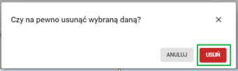 okno potwierdzenia usunięcia wybranych danych
