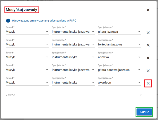okno z widokiem na modyfikację zawody z oznaczonym w dolnym prawym rogu znakiem x