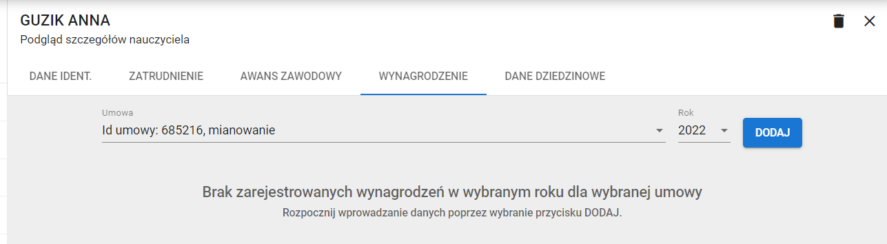 okno z widokiem na usunięte sprawozdanie wynagrodzenia