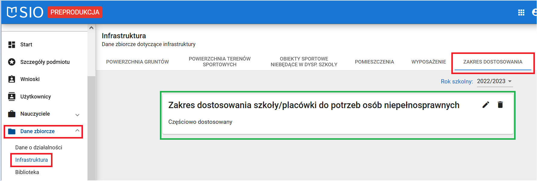 widok okna dane zbiorcze inne zakładka zakres dostosowania z wprowadzonymi danymi