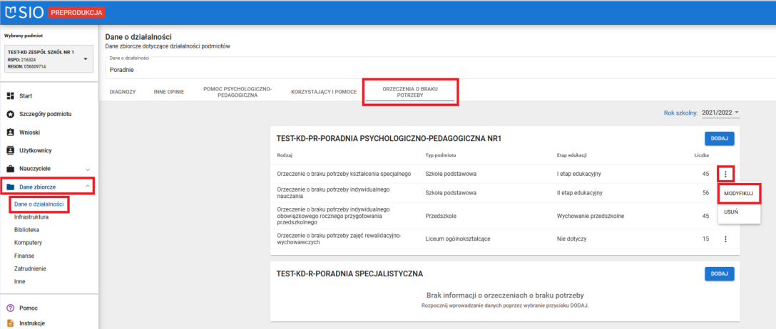 okno modułu dane zbiorcze dane o działalności poradni z zakładki orzeczenia o braku potrzeby z zaznaczoną możliwością modyfikacji
