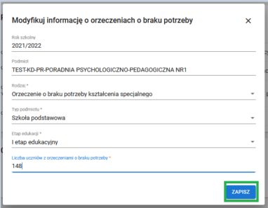 formularz modyfikuj informację o orzeczeniach o braku potrzeby