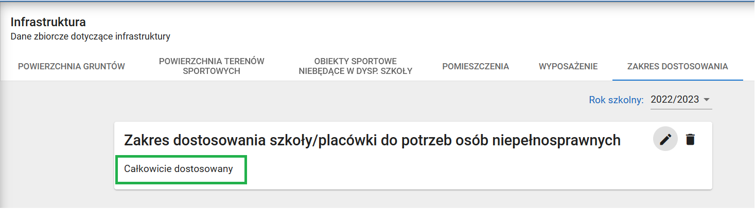 widok formularza zakres dostosowania szkoły/placówki do potrzeb osób niepełnosprawnych z zaznaczoną zmodyfikowaną daną
