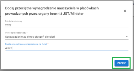 formularz dodaj przeciętne wynagrodzenie nauczyciela w placówkach prowadzonych przez organy inne niż JST