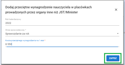 formularz dodaj przeciętne wynagrodzenie nauczyciela w placówkach prowadzonych przez organy inne niż JST z wprowadzonymi danymi