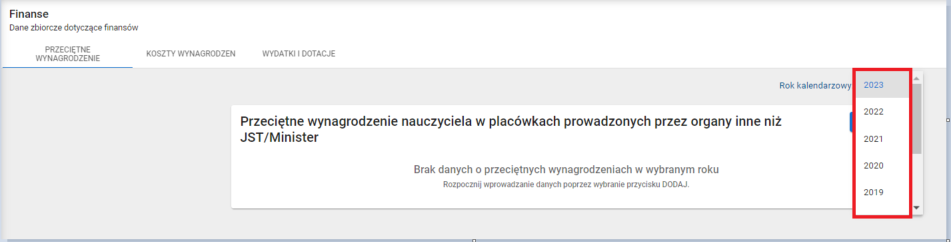 okno finanse zakładka przeciętne wynagrodzenie nauczyciela w placówkach prowadzonych przez organy inne niż JST/Minister z możliwością wyboru roku