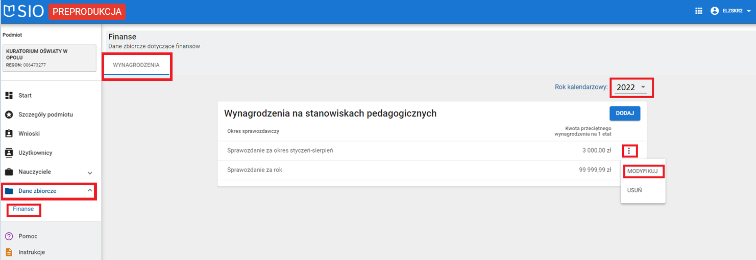 okno z widokiem na wynagrodzenia w danych zbiorczych z oznaczoną z prawej strony funkcją modyfikacji