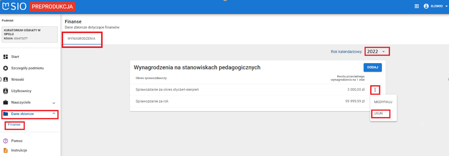 okno z widokiem na wynagrodzenia w danych zbiorczych z oznaczoną z prawej strony funkcją usuń