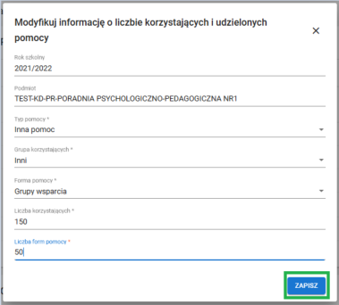okno z widokiem na modyfikuj informację o liczbie korzystających i udzielonych pomocy