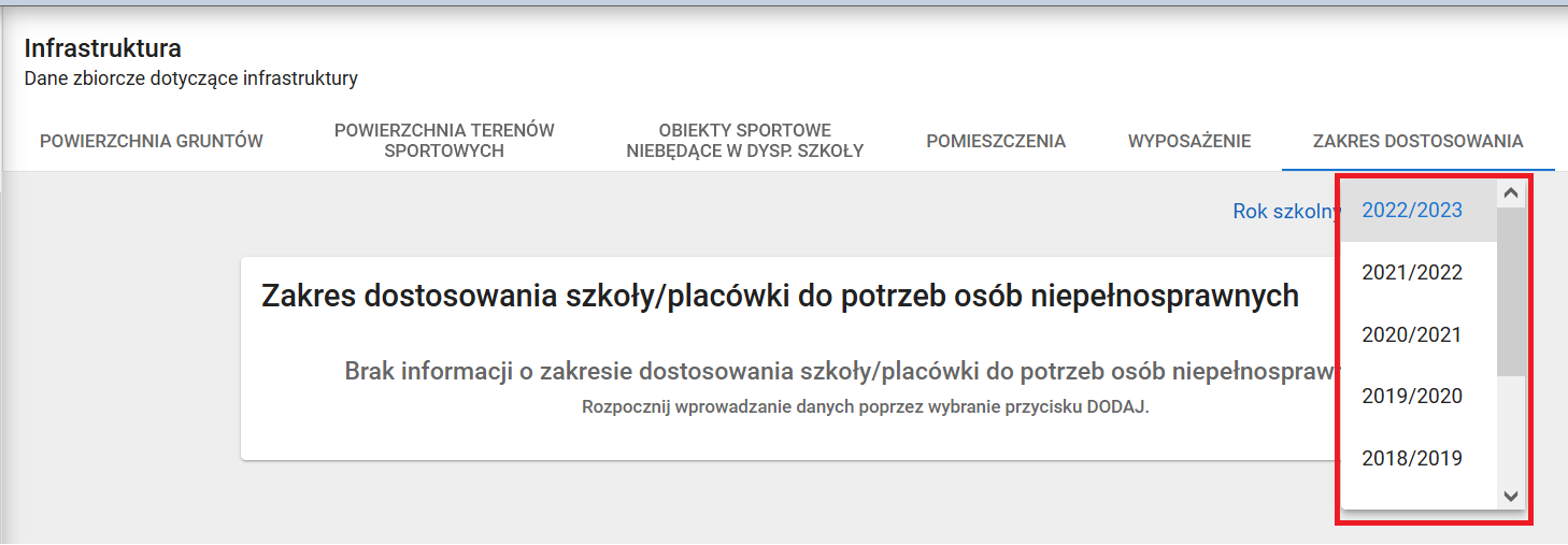 widok okna dane zbiorcze inne zakładka zakres dostosowania z wyborem lat szkolnych