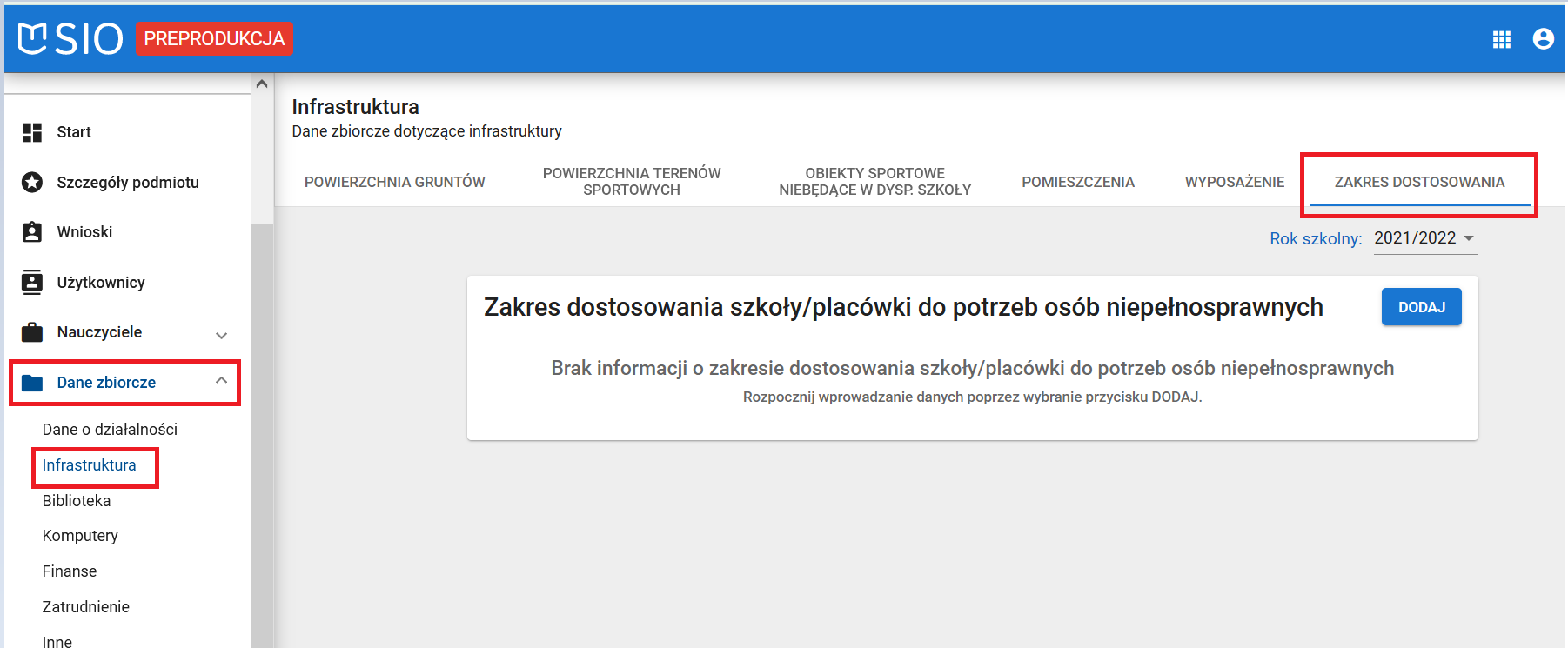 widok okna dane zbiorcze inne zakładka zakres dostosowania