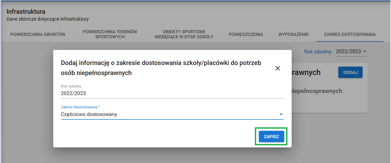 widok formularza dodaj informację o zakresie dostosowania szkoły/placówki do potrzeb osób niepełnosprawnych