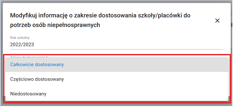 widok formularza modyfikuj informację o zakresie dostosowania szkoły/placówki do potrzeb osób niepełnosprawnych 