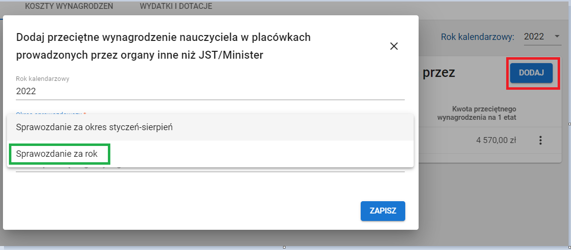 formularz dodaj przeciętne wynagrodzenie nauczyciela w placówkach prowadzonych przez organy inne niż JST z możliwością dodania kolejnego sprawozdania