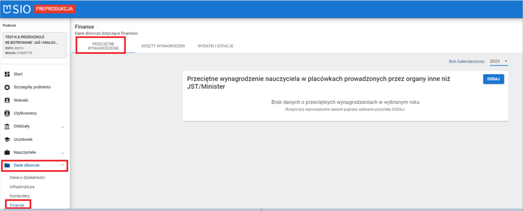 okno finanse zakładka przeciętne wynagrodzenie nauczyciela w placówkach prowadzonych przez organy inne niż JST/Minister