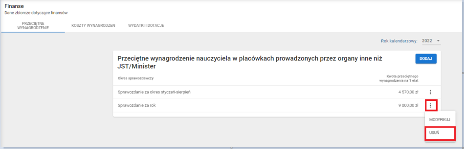 okno finanse zakładka przeciętne wynagrodzenie nauczyciela w placówkach prowadzonych przez organy inne niż JST/Minister z zaznaczoną możliwością usunięcia 