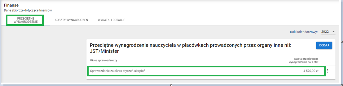 okno finanse zakładka przeciętne wynagrodzenie nauczyciela w placówkach prowadzonych przez organy inne niż JST/Minister po usunięciu danych