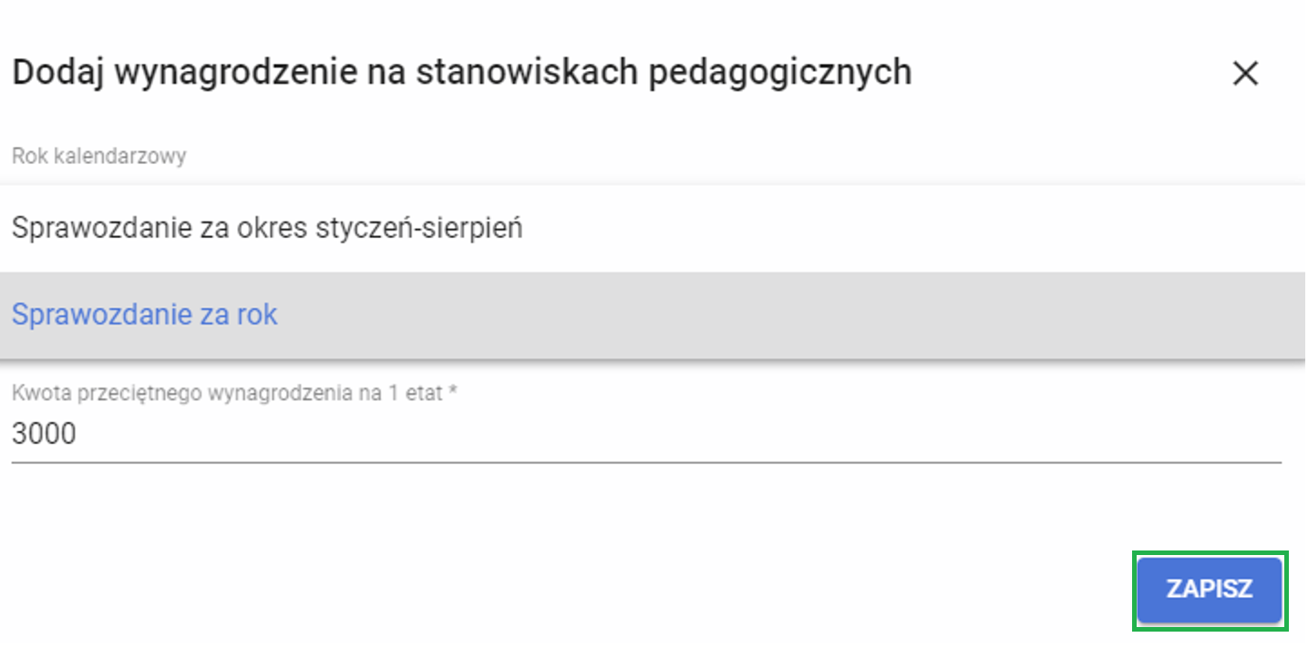 okno z widokiem na formularz dodaj wynagrodzenie na stanowiskach pedagogicznych