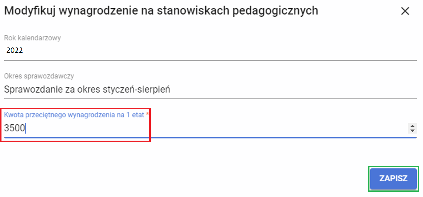 okno z widokiem na formularz modyfikuj wynagrodzenie na stanowiskach pedagogicznych