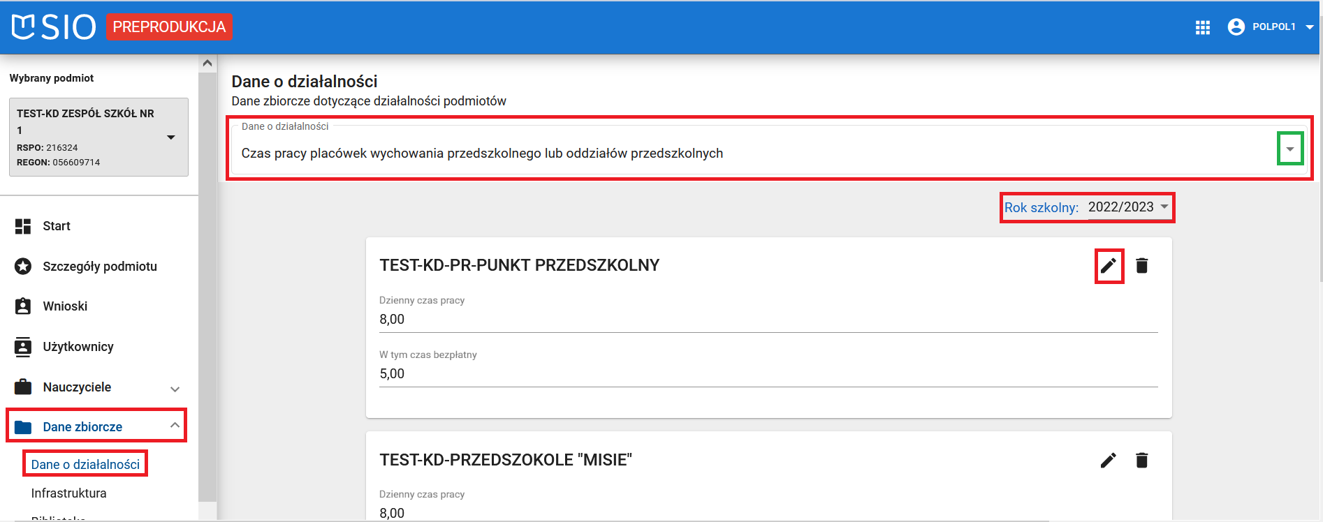 widok okna dane o działalności czas pracy placówek wychowania przedszkolnego lub oddziałów przedszkolnych