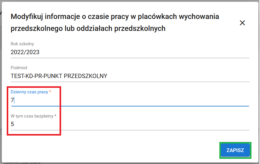 widok formularza modyfikuj informacje o czasie pracy w placówkach wychowania przedszkolnego lub oddziałach przedszkolnych