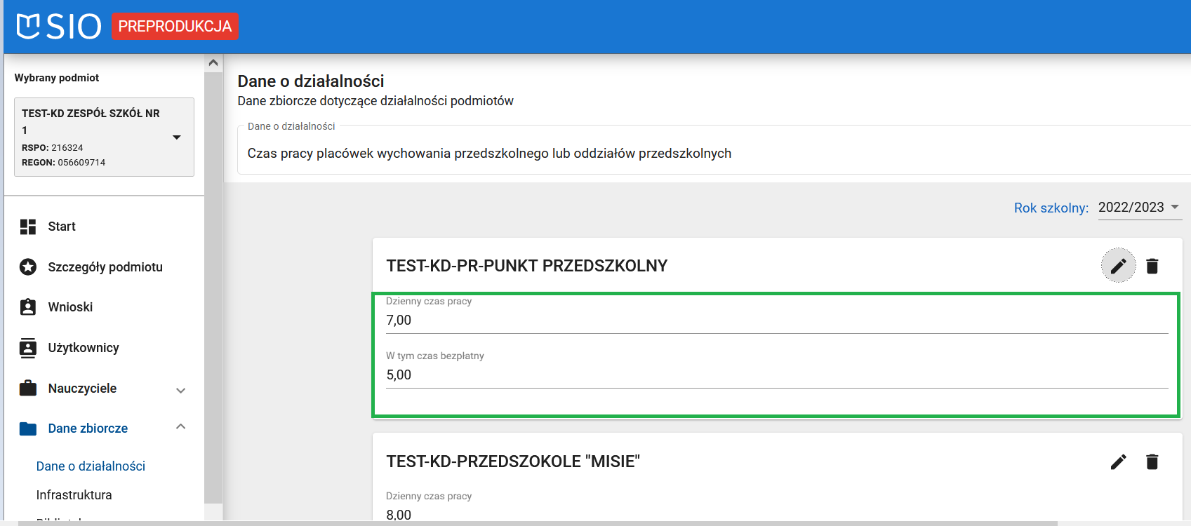 okno czas pracy placówek wychowania przedszkolnego lub oddziałów przedszkolnych po modyfikacji danych 