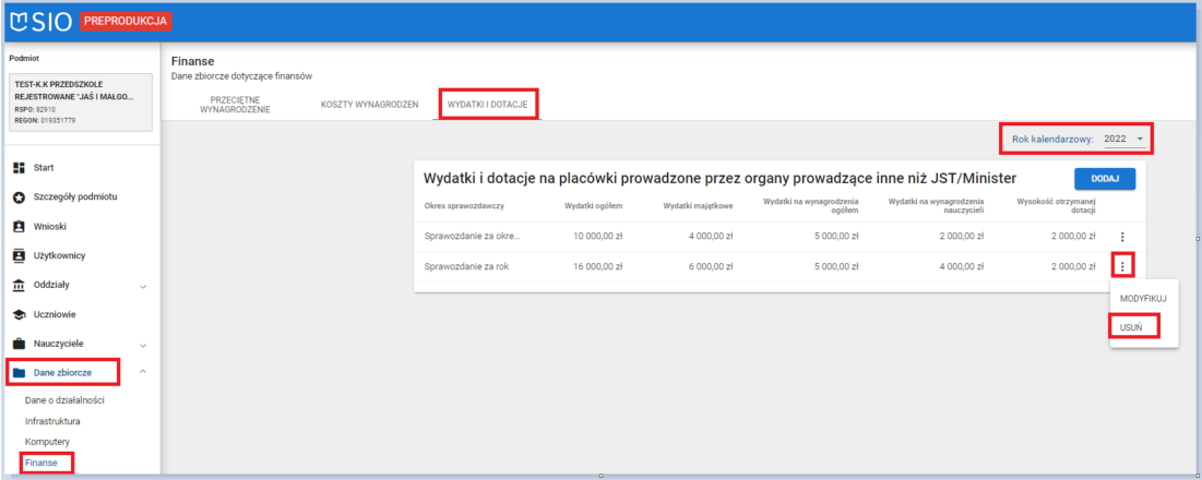 okno wydatki i dotacje na placówki prowadzone przez organy prowadzące inne niż JST/Minister z oznaczoną opcją usuń