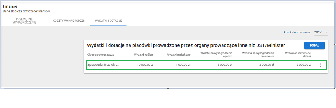 okno wydatki i dotacje na placówki prowadzone przez organy prowadzące inne niż JST/Minister po usunięciu wybranych danych