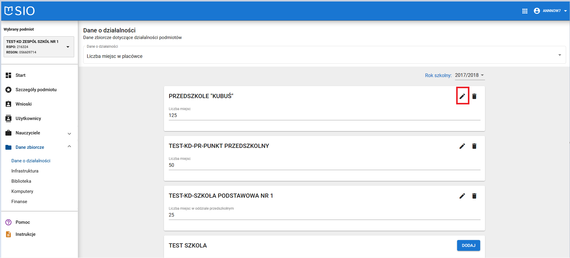 widok okna dane o działalności liczba miejsc w placówce z zaznaczoną możliwością modyfikacji