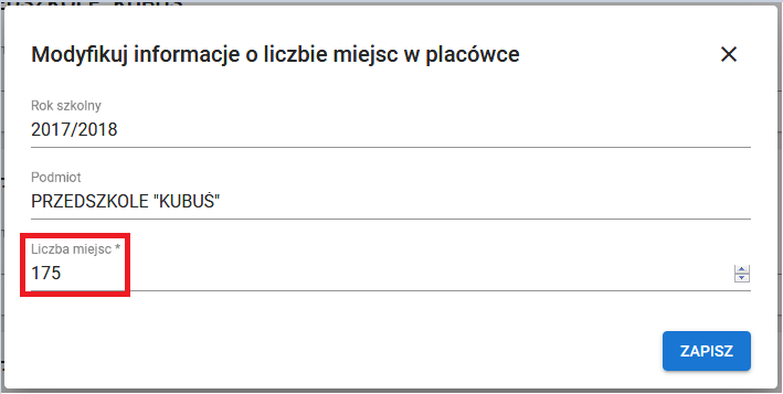 widok formularza modyfikuj informacje o liczbie miejsc w placówce z zaznaczonym polem do modyfikacji
