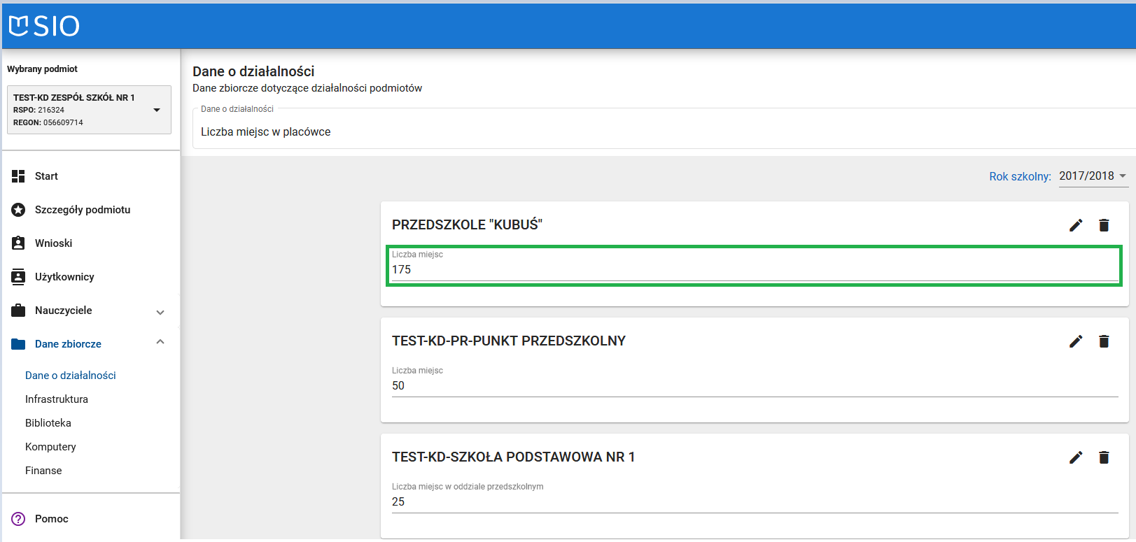 widok okna dane o działalności liczba miejsc w placówce po modyfikacji danych