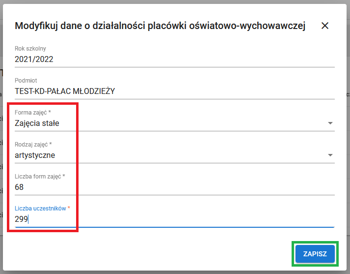 widok formularza modyfikuj dane o działalności placówki oświatowo-wychowawczej