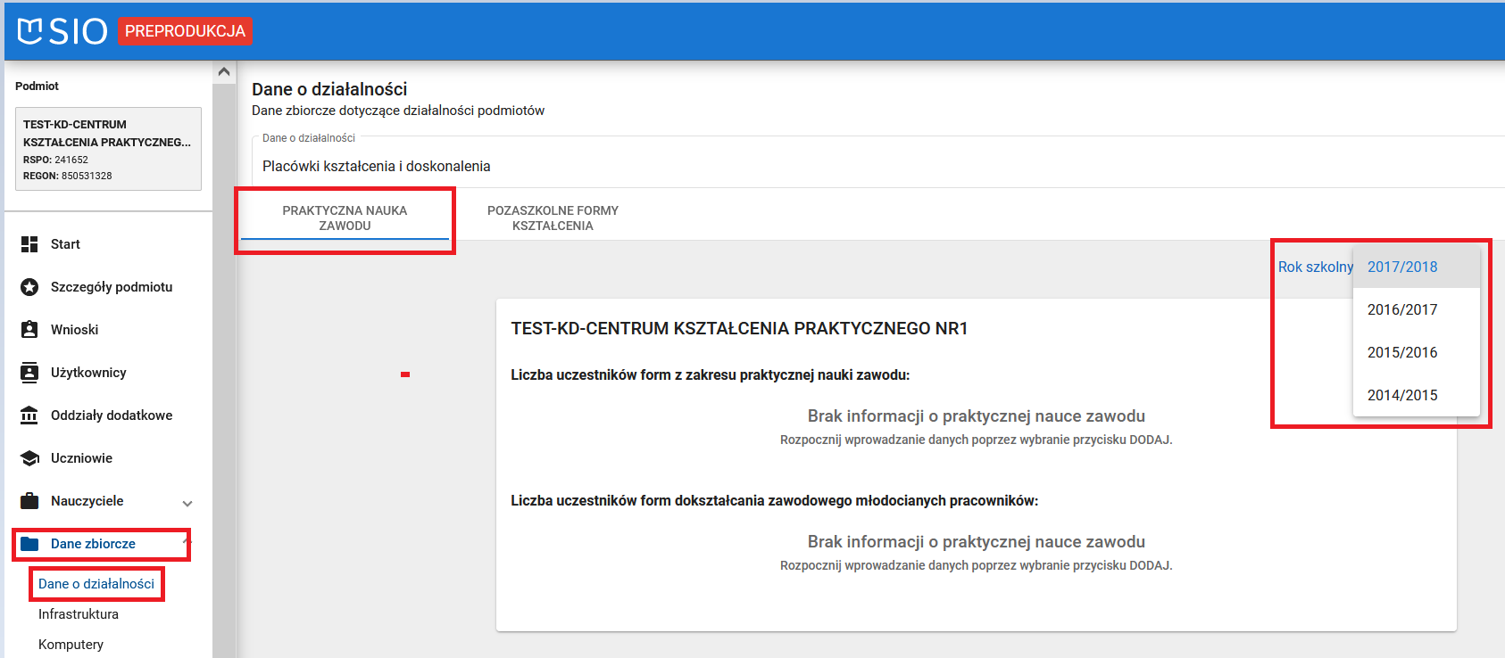 widok okna dane zbiorcze dane o działalności praktyczna nauka zawodu