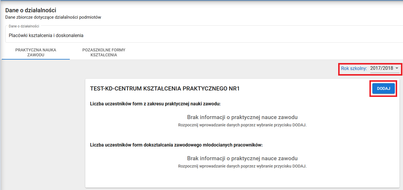 widok okna dane o działalności praktyczna nauka zawodu z zaznaczoną możliwością wyboru roku szkolnego 
