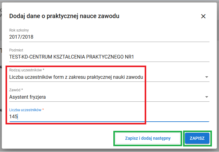 widok formularza dodaj dane o praktycznej nauce zawodu