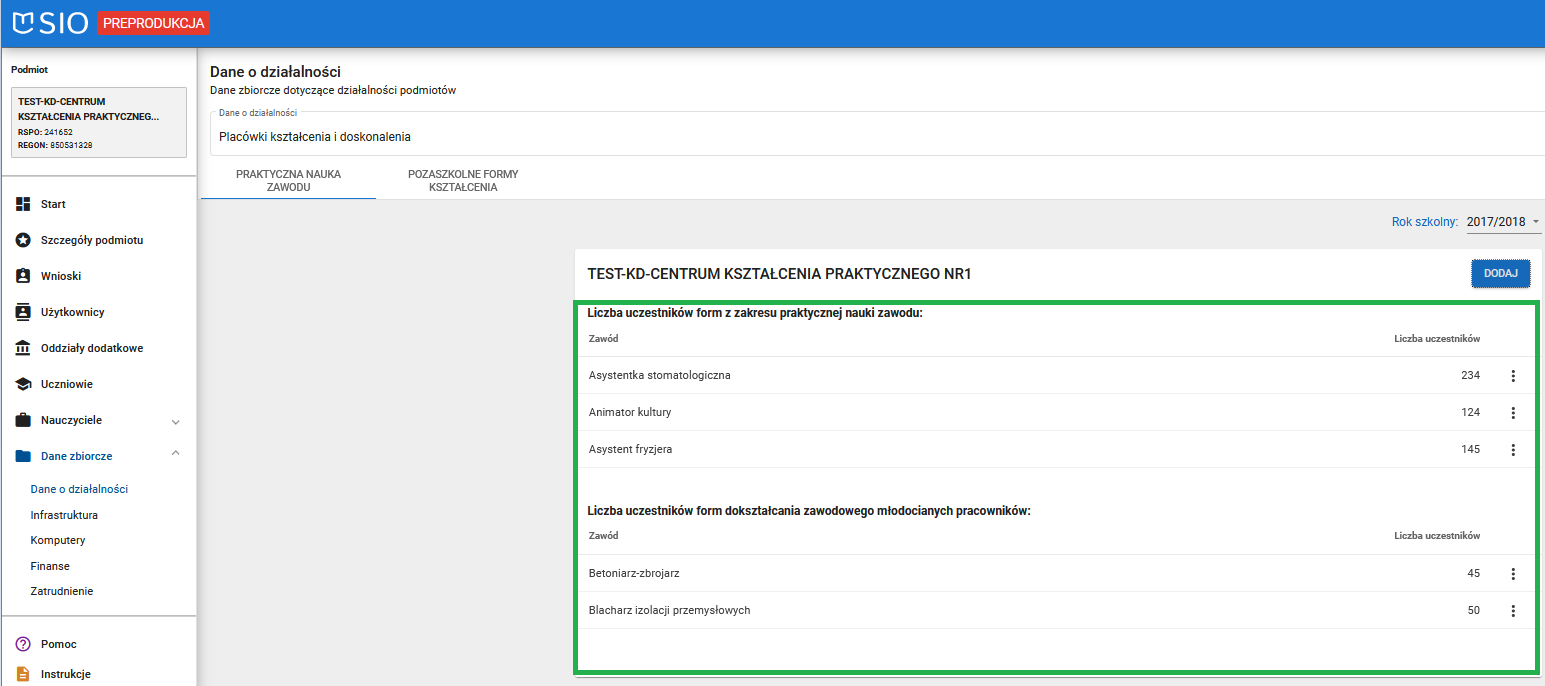 widok formularza dodaj dane o praktycznej nauce zawodu z zapisanymi danymi
