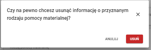 Okno z komunikatem czy na pewno chcesz usunąć pomoc materialną?